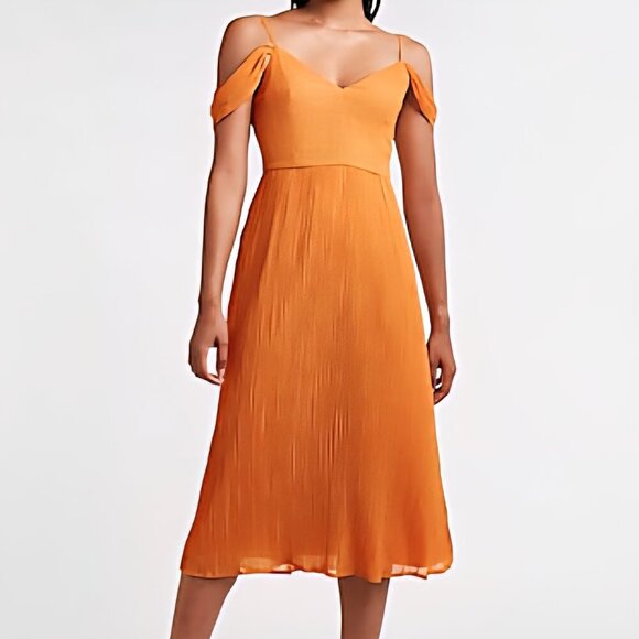 Express Orange Off Shoulder Crinkle Pleat Midi Dress Large - Picture 1 of 10